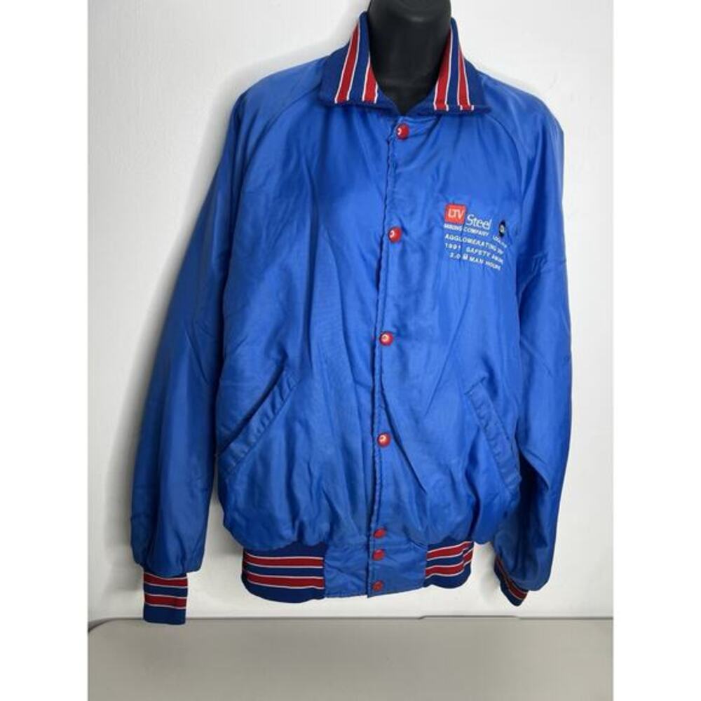 Vtg Blue Holloway Satin Snap Up Bomber Jacket Made In USA Steel Mining Size Med